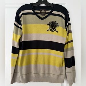 Men's V-Neck Striped Sweater - Black, Yellow, Gray